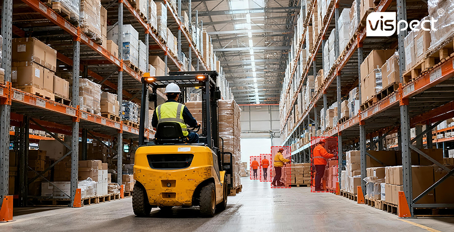 Forklift carrying stacked boxes in a warehouse